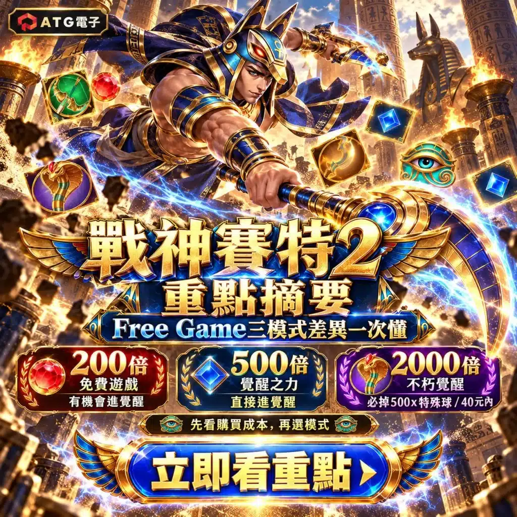 九州 Free Game三種模式比較圖，介紹200倍免費遊戲、500倍覺醒之力與2000倍不朽覺醒的購買成本及玩法差異。